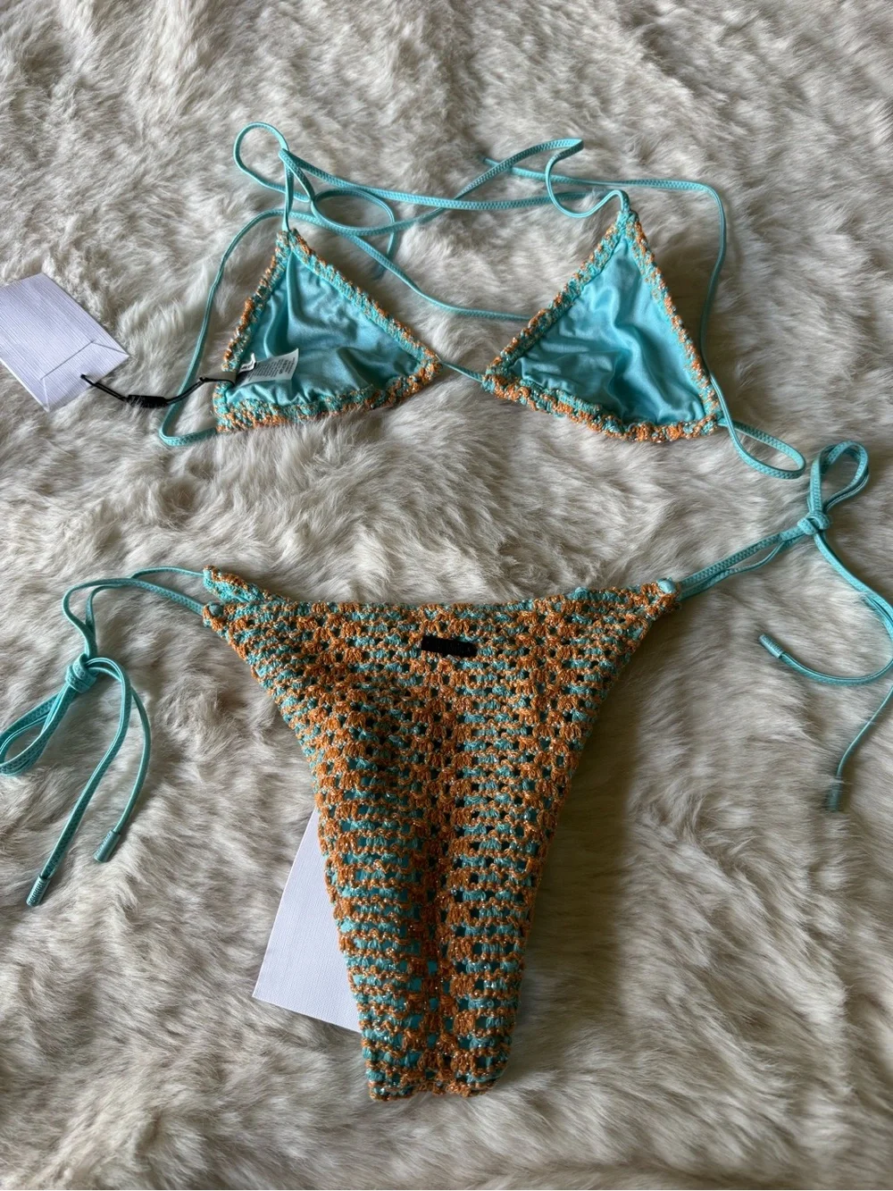 triangl swimwear Crochet Tie-Side Bikini in Turquoise and Tan